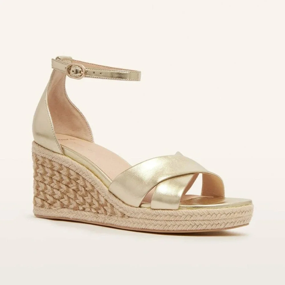 NEW FRANKIE4 Gold Tumbled Baker Wedge Heel Espadrille Leather Comfort Size 7